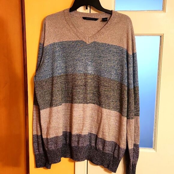 SeanJohn V-Neck Sweater in Blue & Gray Stripes Size 2XL - Picture 1 of 6
